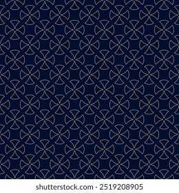 Abstract vector geometric seamless pattern. Luxury black and gold ornament texture with curved shapes, rounded crosses, tiles. Simple background in gothic style with medieval motifs. Repeated design