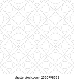 Abstract vector geometric seamless pattern. Subtle gray and white ornament texture with curved shapes, rounded crosses, tiles. Simple background in gothic style with medieval motifs. Repeated design