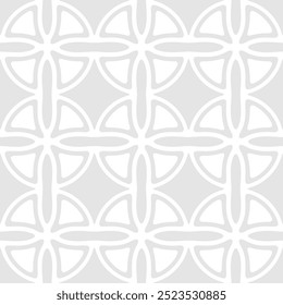 Abstract vector geometric seamless pattern. Antique ornament texture with curved shapes, grid, lattice, crosses, flower silhouettes. Subtle light gray background with medieval motifs. Repeat design