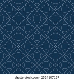 Abstract vector geometric seamless pattern. Subtle dark blue ornament texture with curved shapes, rounded crosses, tiles. Simple background in gothic style with medieval motifs. Repeated geo design