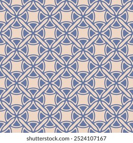 Abstract vector geometric seamless pattern. Antique ornament texture with curved shapes, grid, lattice, crosees. Blue and beige background in gothic style with medieval motifs. Elegant repeat design