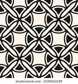 Abstract vector geometric seamless pattern. Antique ornament texture with curved shapes, grid, lattice, crosees. Black and white background in gothic style with medieval motifs. Monochrome design