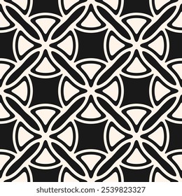 Abstraktes geometrisches nahtloses Vektormuster. Antike Ornament Textur mit gekrümmten Formen, Gitter, Gitter, Kreuze. Schwarz-weißer Hintergrund im gotischen Stil mit mittelalterlichen Motiven. Wiederholtes Geo-Design