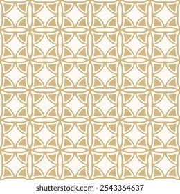 Abstract vector geometric seamless pattern. Antique ornament texture with curved shapes, grid, lattice, crosses, flower silhouettes. Luxury gold and white background with medieval motifs. Geo design