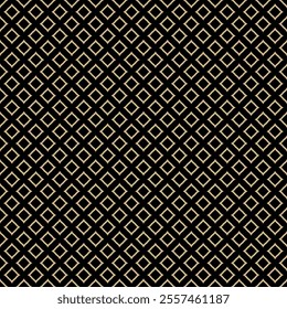 Abstract vector geometric seamless pattern. Golden texture with small diamond shapes, outline rhombuses, stars, grid. Simple gold and black minimal ornamental background. Repeating luxury design 
