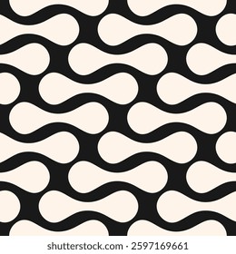 Abstract vector geometric seamless pattern. Simple black and white background with rounded organic shapes, curved lines, grid. Stylish monochrome texture. Modern repeated geo design for decor, print