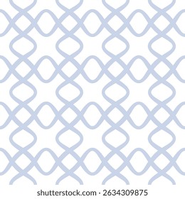 Abstract vector geometric seamless pattern. Subtle blue and white ornament texture with curved shapes, floral silhouettes, lines, grid, net, lattice, mesh. Minimal geo background. Repeating design