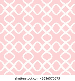 Abstract vector geometric seamless pattern. Elegant pink and white ornament texture with curved shapes, floral silhouettes, lines, grid, net, lattice, mesh. Minimal geo background. Repeating design