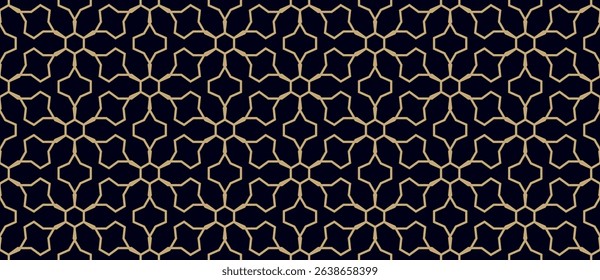 Abstract vector geometric seamless pattern in Arabesque style. Ornamental lines texture, floral lattice, mesh, grid. Luxury gold and black ornament. Traditional Islamic background. Repeated design