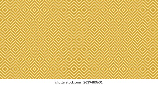 Abstract vector geometric seamless pattern. Mustard yellow color background. Simple geo texture with linear rhombuses, diamonds, lines, stripes. Minimal tartan ornament. Repeated design for wallpaper