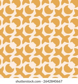 Abstract vector geometric seamless pattern. Stylish yellow and beige background with quirky shapes. Retro vintage style ornament texture. Funky repeating geo design for decor, print, textile, fabric