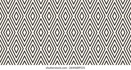 Abstract vector geometric seamless pattern. Black and white background. Simple  texture with rhombuses, diamonds, lines, stripes. Minimal monochrome tartan ornament. Repeated design for decor, print