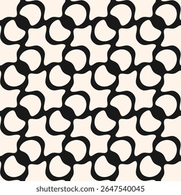 Abstract vector geometric seamless pattern. Elegant black and white background with smooth quirky shapes, diagonal grid. Retro style ornament texture. Repeating geo design for fabric, print, textile