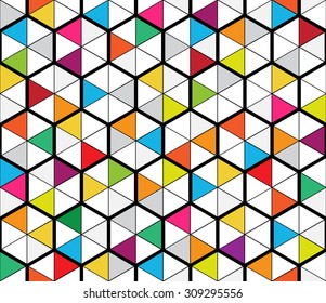Abstract vector geometric seamless pattern of mosaic hexagons and triangles inspired by stained glass