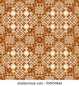 Abstract vector geometric seamless pattern with circles, lines and rhombuses in yellow, brown and beige colors.