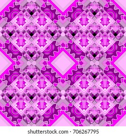 Abstract vector geometric seamless pattern with circles, lines and rhombuses in violet, purple and magenta colors.