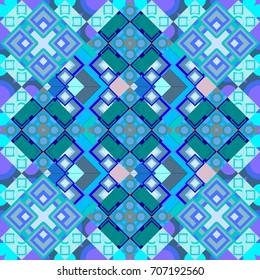 Abstract vector geometric seamless pattern with circles, lines and rhombuses in violet, green and blue colors.