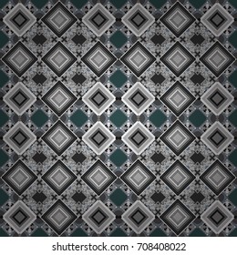 Abstract vector geometric seamless pattern with circles, lines and rhombuses in gray colors.