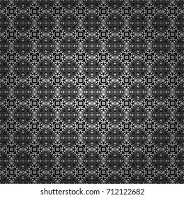 Abstract vector geometric seamless pattern with circles, lines and rhombuses in white, black and gray colors.