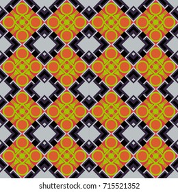 Abstract vector geometric seamless pattern with circles, lines and rhombuses in orange, yellow and gray colors.