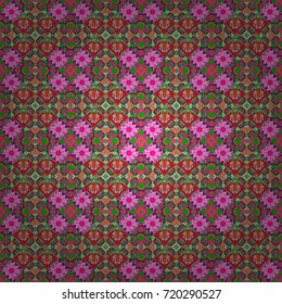 Abstract vector geometric seamless pattern with circles, lines and rhombuses in red, green and neutral colors.