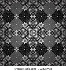 Abstract vector geometric seamless pattern with circles, lines and rhombuses in gray, black and white colors.