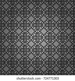 Abstract vector geometric seamless pattern with circles, lines and rhombuses in white, gray and black colors.