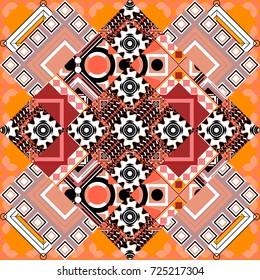 Abstract vector geometric seamless pattern with circles, lines and rhombuses in orange, white and black colors.