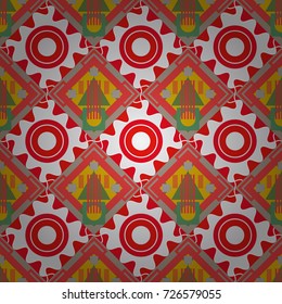 Abstract vector geometric seamless pattern with circles, lines and rhombuses in red, pink and neutral colors.