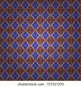 Abstract vector geometric seamless pattern with circles, lines and rhombuses in red, neutral and blue colors.