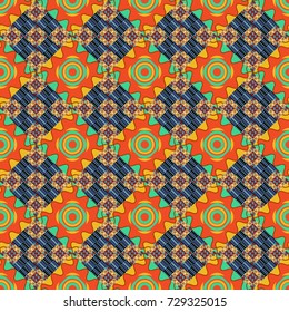 Abstract vector geometric seamless pattern with circles, lines and rhombuses in yellow, blue and orange colors.