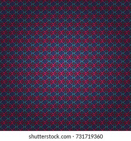 Abstract vector geometric seamless pattern with circles, lines and rhombuses in violet, red and blue colors.