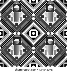 Abstract vector geometric seamless pattern with circles, lines and rhombuses in gray, black and white colors.