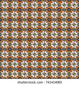 Abstract vector geometric seamless pattern with circles, lines and rhombuses in black, brown and white colors.