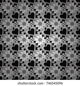 Abstract vector geometric seamless pattern with circles, lines and rhombuses in white, gray and black colors.