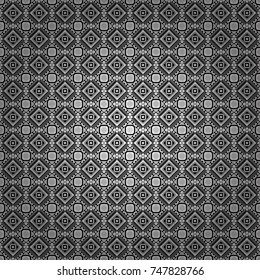 Abstract vector geometric seamless pattern with circles, lines and rhombuses in black, white and gray colors.
