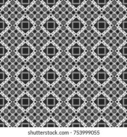 Abstract vector geometric seamless pattern with circles, lines and rhombuses in gray, black and white colors.