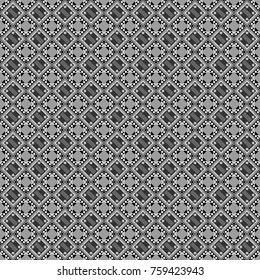 Abstract vector geometric seamless pattern with circles, lines and rhombuses in white, gray and black colors.