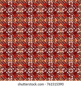 Abstract vector geometric seamless pattern with circles, lines and rhombuses in red, brown and yellow colors.