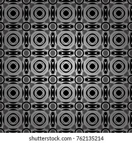 Abstract vector geometric seamless pattern with circles, lines and rhombuses in black, white and gray colors.