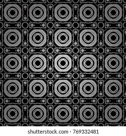 Abstract vector geometric seamless pattern with circles, lines and rhombuses in white, gray and black colors.