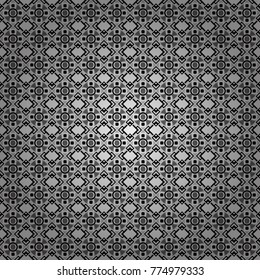 Abstract vector geometric seamless pattern with circles, lines and rhombuses in gray, black and white colors.