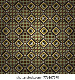 Abstract vector geometric seamless pattern with circles, lines and rhombuses in yellow, black and white colors.