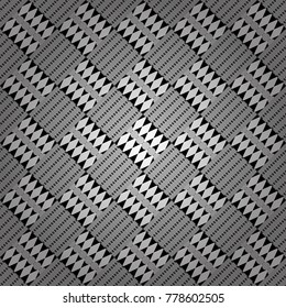Abstract vector geometric seamless pattern with circles, lines and rhombuses in white, gray and black colors.