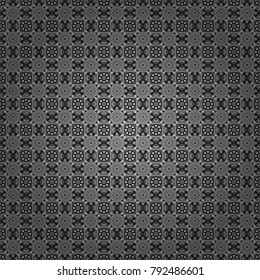 Abstract vector geometric seamless pattern with circles, lines and rhombuses in white, gray and black colors.