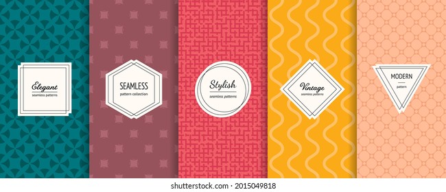 Abstract vector geometric seamless patterns collection. Set of simple colorful background swatches with elegant minimal labels. Modern textures. Trendy pastel color, yellow, red, brown, green, powdery