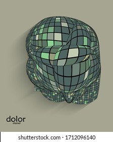 Abstract vector geometric shape with realistic shadow on flat colored background. 3D computer model  wire frame futuristic object. Grid distorted with multicolored pars. Technology data science icon.