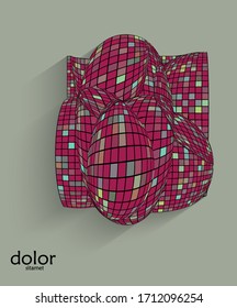 Abstract vector geometric shape with realistic shadow on flat colored background. 3D computer model  wire frame futuristic object. Grid distorted with multicolored pars. Technology data science icon.