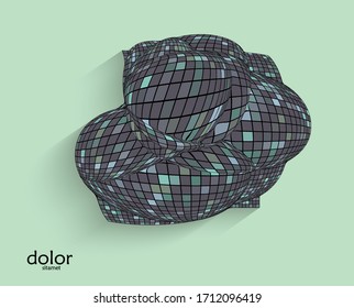 Abstract vector geometric shape with realistic shadow on flat colored background. 3D computer model  wire frame futuristic object. Grid distorted with multicolored pars. Technology data science icon.