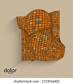 Abstract vector geometric shape with realistic shadow on flat colored background. 3D computer model  wire frame futuristic object. Grid distorted with multicolored pars. Technology data science icon.